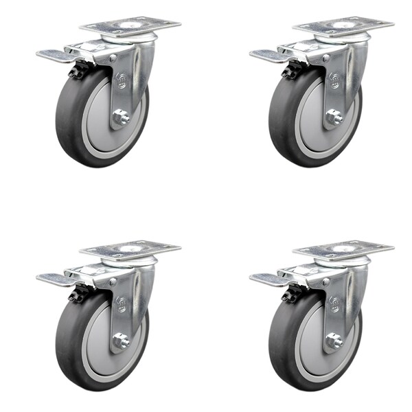 5 Inch SS Thermoplastic Rubber Swivel Top Plate Caster Set Total Lock Brake SCC